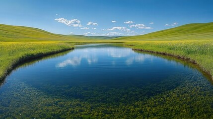 Fototapeta premium Tranquil Pond in Rolling Green Hills 