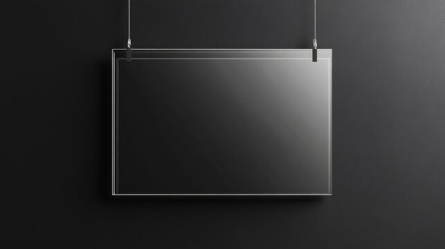 Acrylic poster, blank glass frame with illumination hang on wall isolated on black background. Empty photo frame template, name plate, plexiglass banner, holder mockup Realistic 3d vector illustration