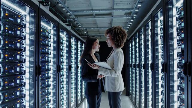 Women collaborating in a data center reviewing server configurations and technology solutions