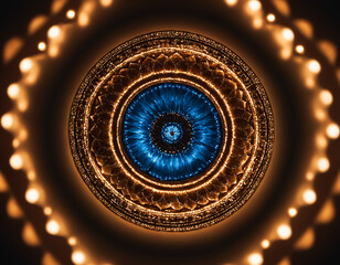 Fototapeta premium Mesmerizing Mandala-Inspired Circular Lighting Design, Intricate Symmetry of Golden and Blue Lights Creating a Hypnotic Visual Impact, Decorative Abstract Illumination Perfect for Elegant Art Themes.