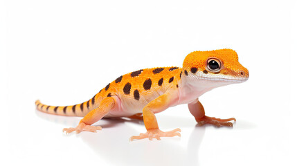 Fototapeta premium Vibrant Orange Gecko with Black Spots and Striped Tail on White Background