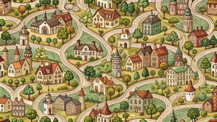 Obraz premium A whimsical cityscape with winding roads, charming houses, and lush greenery, creating a magical and intricate environment.