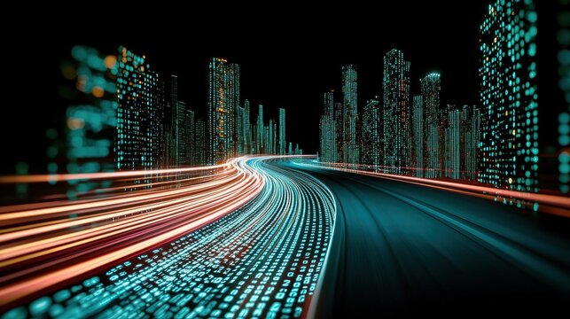 Stream of binary code flowing through a network of glowing lines and dots, representing the speed and complexity of digital communication in the modern world.