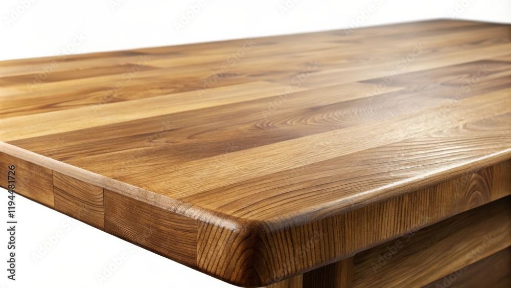 Aufkleber close-up of a polished wooden tabletop with visible grain patterns and a rounded edge, showcasing th