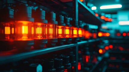 Futuristic view of illuminated machinery showcasing vibrant orange lights in a modern industrial setting.