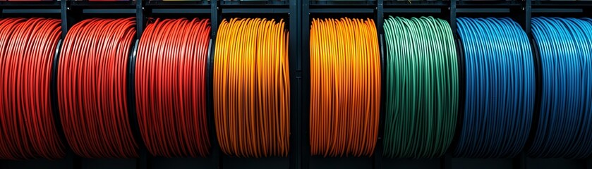 A vibrant display of colorful wires arranged neatly, showcasing a variety of hues in electrical engineering and tech applications.