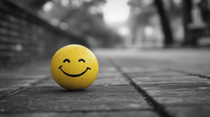  A yellow smiley face on a pavement with a black-and-white city background. A symbol of joy and optimism in a monochrome environment