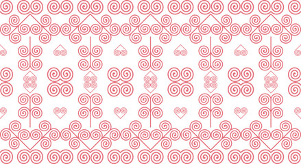 Ethnic fabric pattern consisting of heart-shaped spiral motifs and seamless designs.