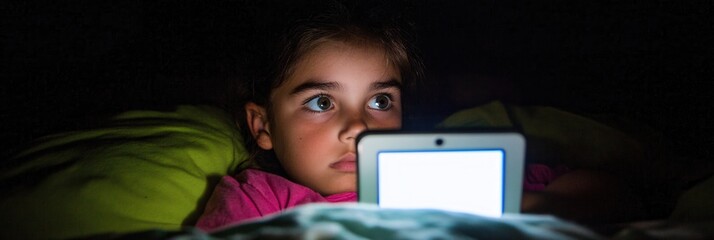 Child Watching Tablet Screen in Bed at Night Dark Room