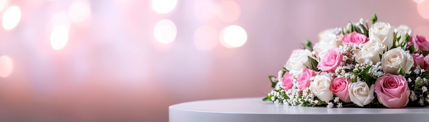 Obraz premium A beautiful bouquet of pink and white roses on a soft, blurred background, perfect for weddings or special occasions.