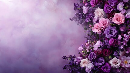 A stunning arrangement of purple and pink roses against a softly blurred background, conveying elegance and beauty.