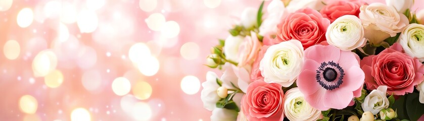 Fototapeta premium A vibrant bouquet of mixed flowers showcasing delicate petals and bright colors, set against a soft bokeh background.