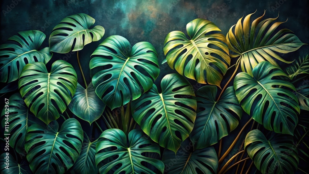 Poster a lush, tropical scene with vibrant green monstera leaves arranged in a captivating pattern, their i