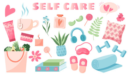 Self care collection. Vector illustrations. Well-being, harmony, lifestyle set. Love yourself