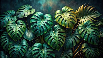 Fototapeta premium A lush, tropical scene with vibrant green monstera leaves arranged in a captivating pattern, their intricate veins and textures highlighted by the soft, dappled light.