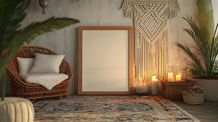 Clean bohemian-themed space with soft lighting and natural decor.