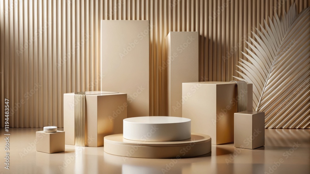 Aufkleber minimalist product display with geometric platforms and palm leaf accent