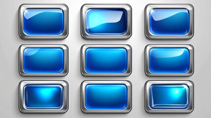 Blue buttons with silver decorative frames for rpg game interface. Vector cartoon set of square award badges, glossy achievement labels with fantasy metal borders isolated on background