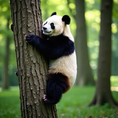 Obraz premium Giant panda ascends tree trunk, thick fur visible, cute, up, endangered