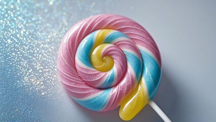 Colorful spiral lollipop with vibrant pink, blue, and yellow swirls resting on a shimmering surface