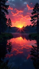 Obraz premium Serene twilight sunset reflects on still Estonian swamp lake , swamp, wetland, golden hour