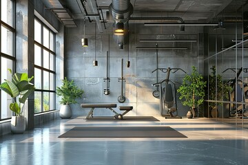 modern conceptual Luxury Modern urban-style stylish Gym with concrete and metal accents contemporary bright stylish interior . 3D rendering