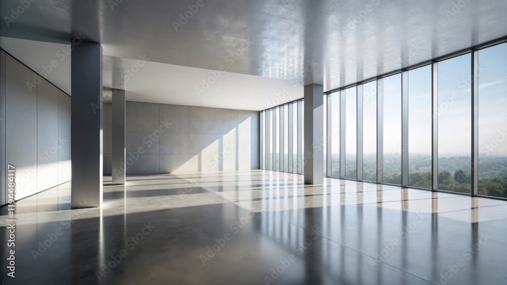 Poster modern empty room with floor to ceiling windows and sun streaks on polished concrete floor