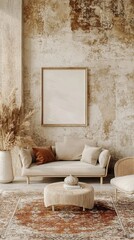 Modern Boho Living Room Interior Design With Blank Frame