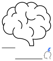 Brain in bold outline paired with a lightning bolt over a head sketch. Ideal for creativity, innovation, problem-solving, mental health focus, education, neuroscience, abstract line flat metaphor