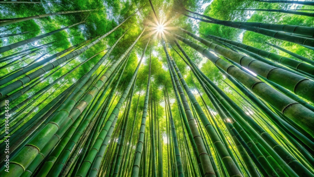 Poster sunlight filtering through a dense canopy of bamboo stalks, creating a natural cathedral of green
