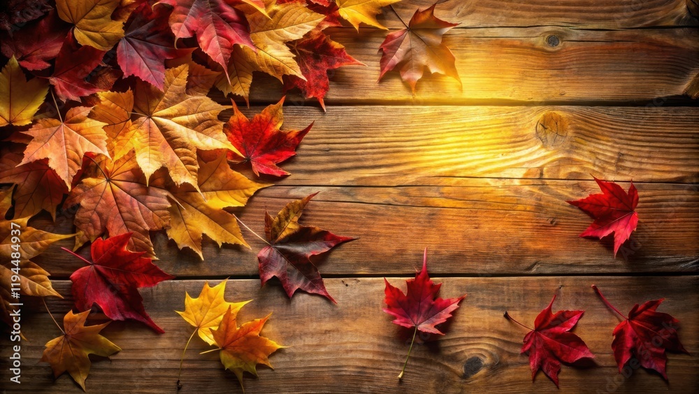Aufkleber a rustic wooden surface adorned with vibrant autumn leaves, creating a warm and inviting background