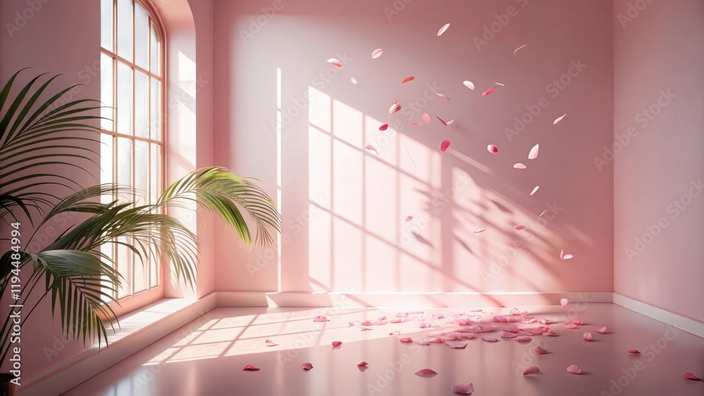 Poster sunlight streams through a window casting shadows on a pink wall, delicate petals fall gracefully to