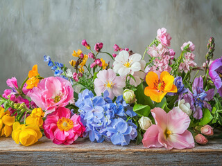 Obraz premium Floral Symphony on Rustic Wood: A vibrant arrangement of fresh flowers, tulips, roses, and daisies in soft pastels hues, exudes a delicate charm against a weathered wooden backdrop. 