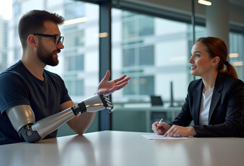 A male employee with a prosthetic arm and a female employee are having a meeting in a conference room.