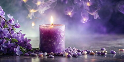 A purple candle with a soft glow illuminates a table adorned with delicate purple flowers and shimmering stones, creating a serene and ethereal atmosphere.