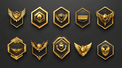 Gold game badge rank medal ui icon vector set. Isolated level trophy cartoon insignia military achievement award. Hexagon label with wings button design for 1st winner prize interface collection.
