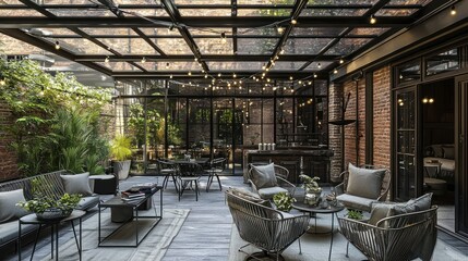 Naklejka premium Elegant indoor patio with greenery and cozy seating for relaxation.