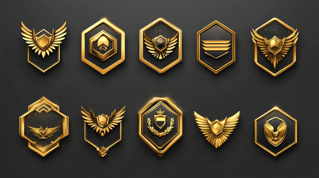 Gold game badge rank medal ui icon vector set. Isolated level trophy cartoon insignia military achievement award. Hexagon label with wings button design for 1st winner prize interface collection.