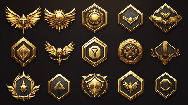 Gold game badge rank medal ui icon vector set. Isolated level trophy cartoon insignia military achievement award. Hexagon label with wings button design for 1st winner prize interface collection.
