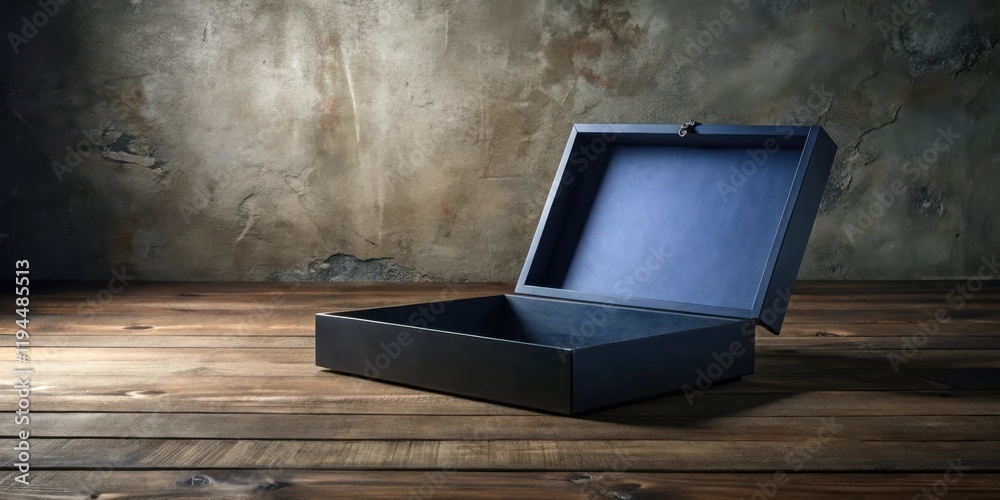 Poster an open black box with a blue interior rests on a rustic wooden surface against a textured backdrop