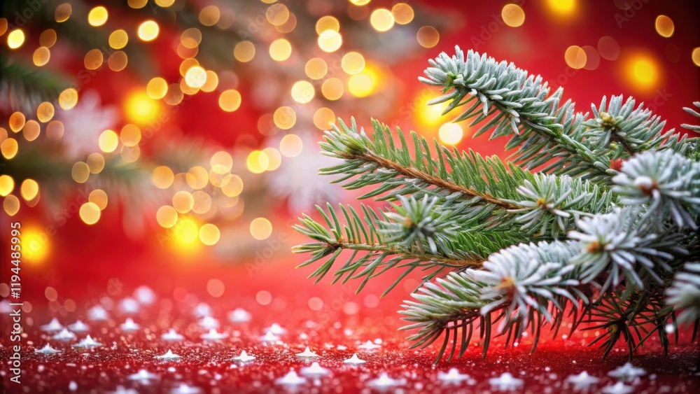 Poster Frosted Evergreen Branch with a Red and Gold Bokeh Background