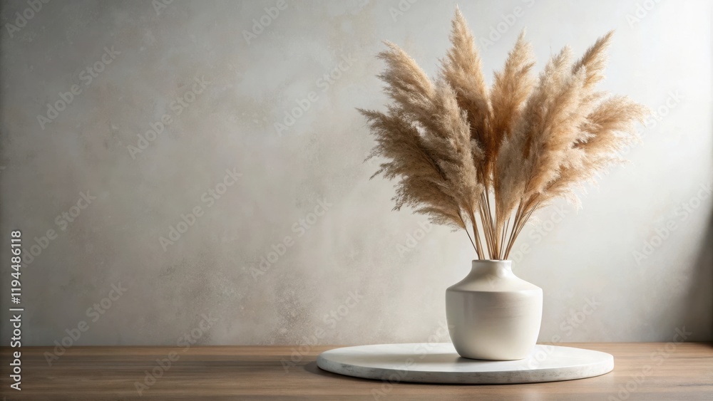 Poster a simple and elegant arrangement featuring a vase of pampas grass on a marble pedestal against a tex
