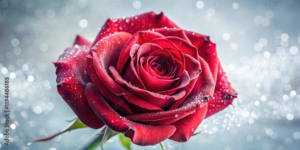 Poster a single red rose with dew drops on its petals, bathed in soft, bokeh light