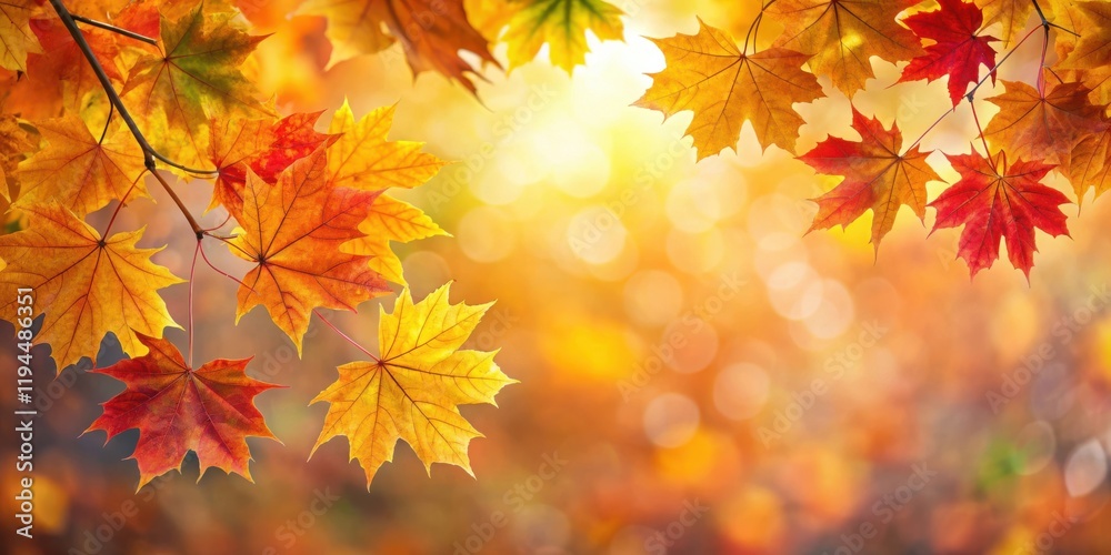 Poster golden and red autumn leaves on a branch against a blurred background of warm colors
