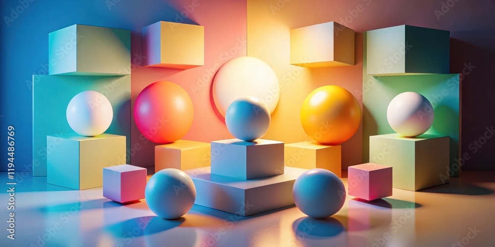Aufkleber A vibrant composition of colorful geometric shapes illuminated by soft light, showcasing a dynamic interplay of spheres and cubes.