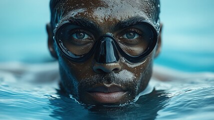 Fototapeta premium Intense Portrait of a Male Swimmer with Wet Skin and Swimming Goggles Emerging from Water, Capturing the Essence of Focus and Determination in Aquatic Sports