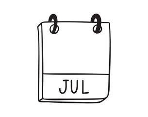 July calendar month page hand drawn doodle icon. Outline line symbol for planning. Single calendar element.