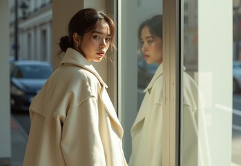 Obraz premium Fashion Forward: Model in Oversized Cream Coat Reflects Minimalist Urban Vibes Through a Stylish Window Scene