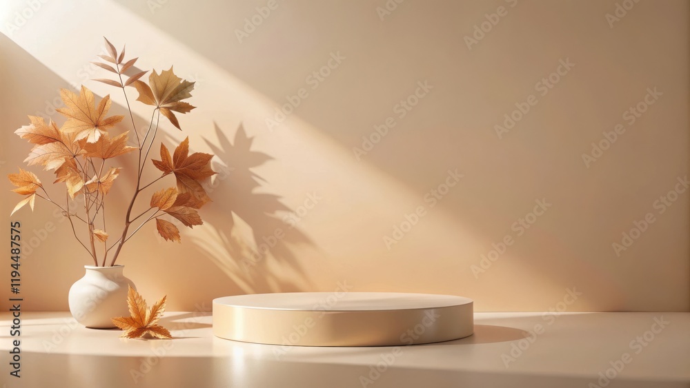 Poster a minimal autumnal scene with dried leaves in a vase and a round platform for product display, illum