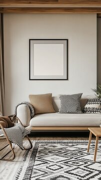 Modern Living Room Design With Neutral Tones And Geometric Patterns